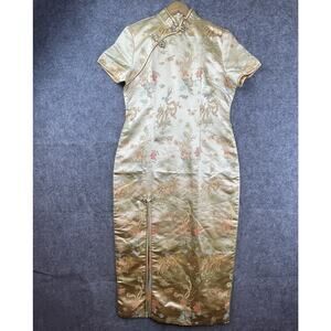 Laogudai Qipao Dress 3XL Gold Dragons Fitted Formal Pankou Buttons Traditional